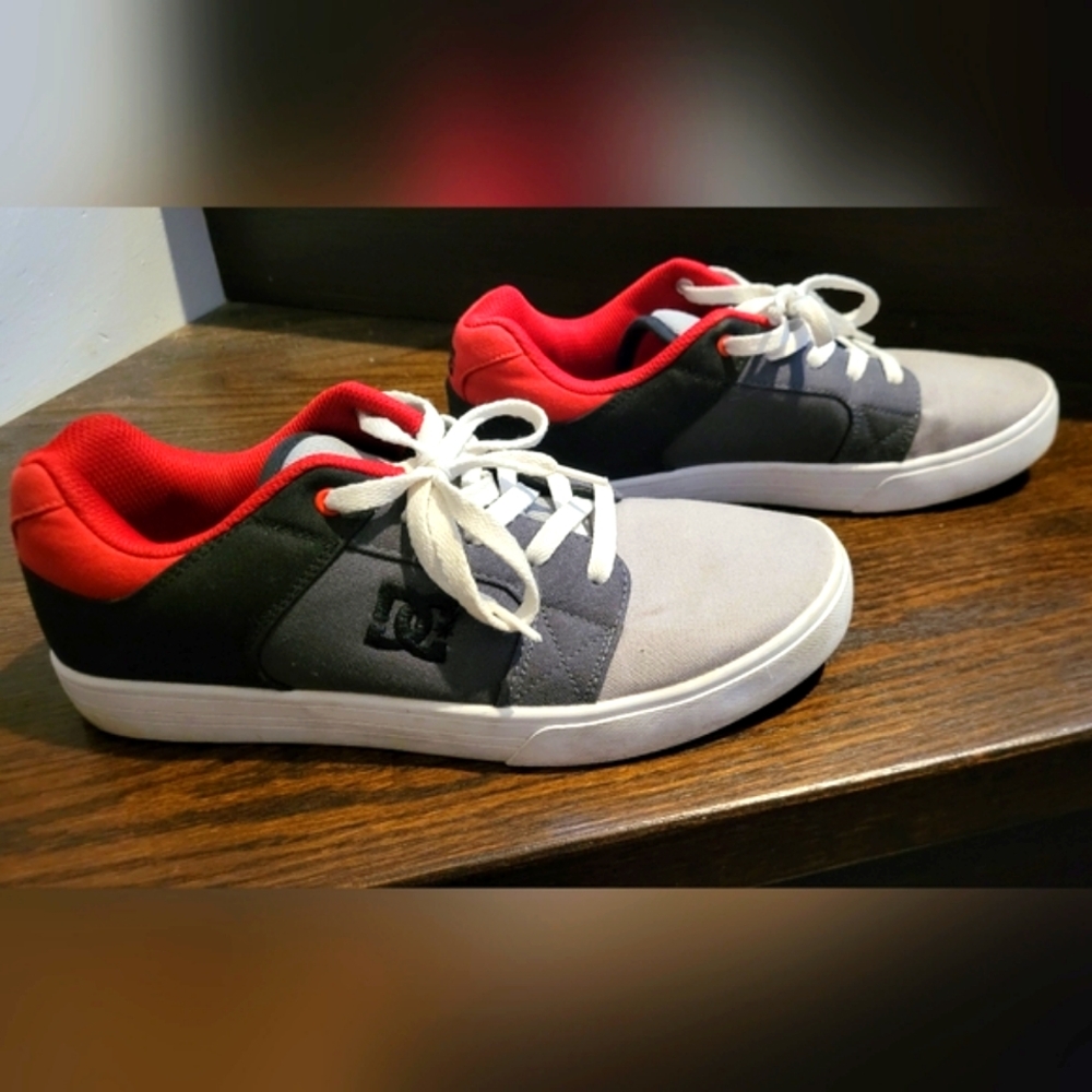 DC Mens Black, Gray, and Red Sneakers